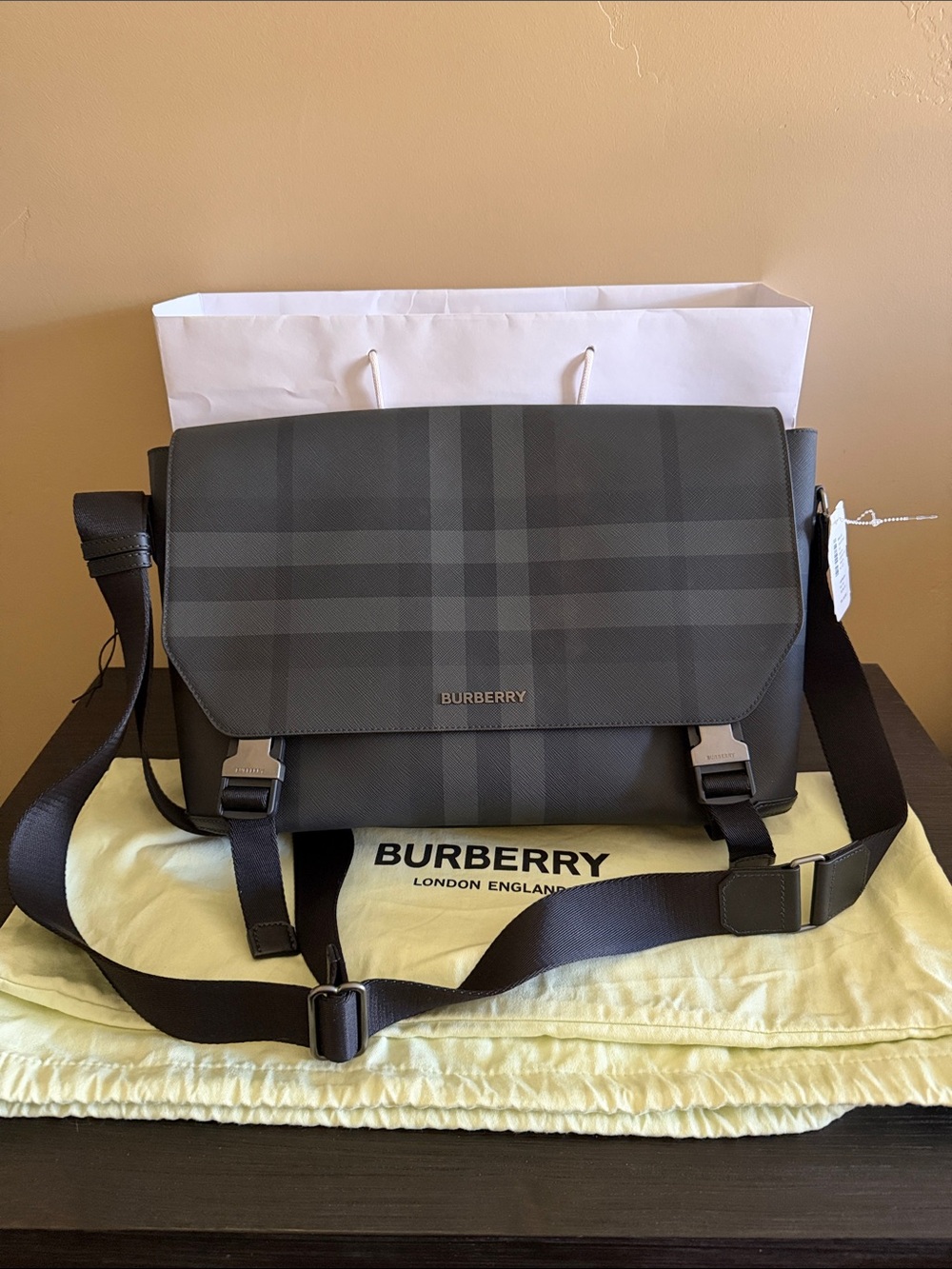 Burberry Men's Black & Gray Check Messenger Bag